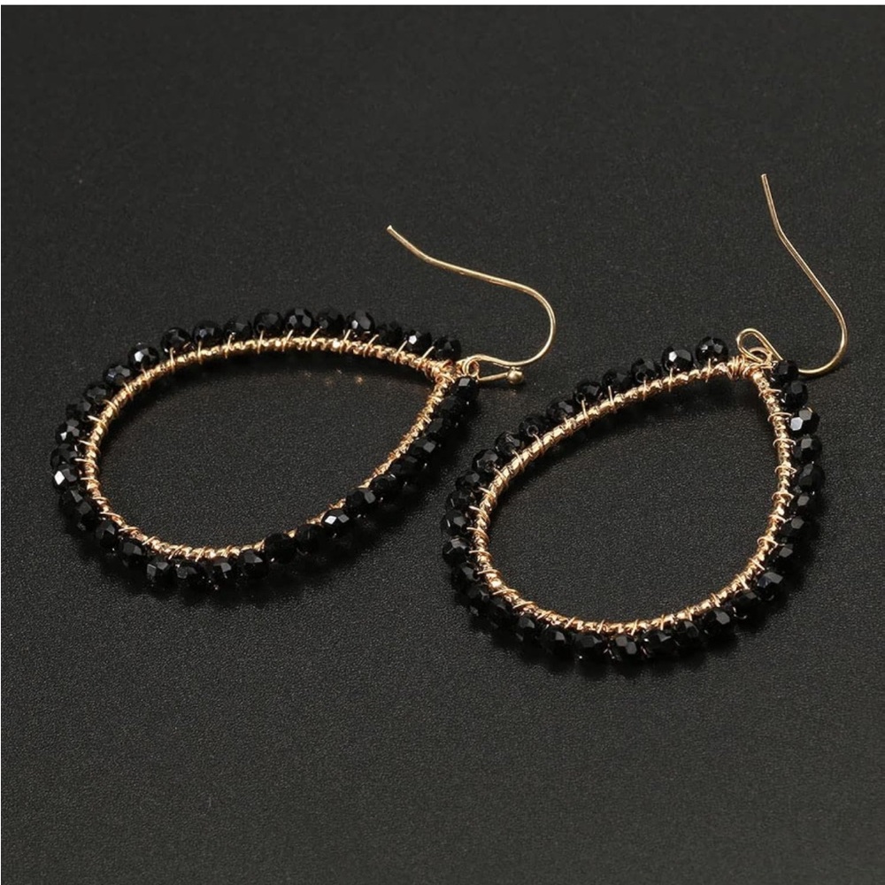 Gold Plated Tear Drop Shaped Earrings with Black Bead Accents